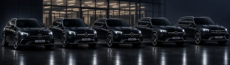 SUV-urile Mercedes-Benz GLA, GLB, GLC, GLE și GLS, aliniate în fața showroom-ului